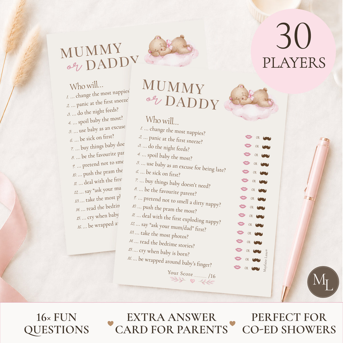 Two printed baby shower game cards titled "Mummy or Daddy" shown on a light wood surface with a pink pen and a pink circle reading "30 PLAYERS.".