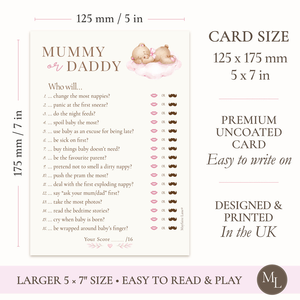 A baby shower 'Mummy Daddy' card game shown with size and feature callouts, size shows card is 125mm x 175mm or 5x7". The card is cream-colored with pink text and illustrations of lips and a teddy bear on a pink cloud.