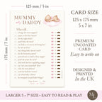 A baby shower 'Mummy Daddy' card game shown with size and feature callouts, size shows card is 125mm x 175mm or 5x7". The card is cream-colored with pink text and illustrations of lips and a teddy bear on a pink cloud.
