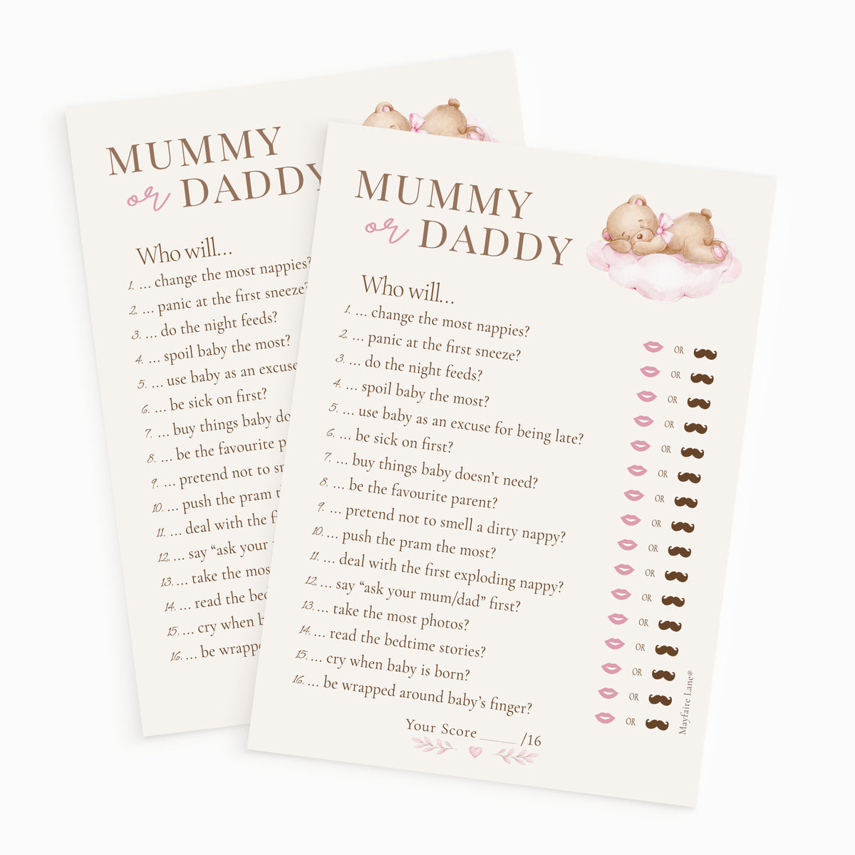 Two printed baby shower game cards titled "MUMMY or DADDY" with playful prompts, watercolor teddy bear illustrations, pink lips, and small mustache graphics on a white background.