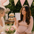 Pregnant mum holding Pink Teddy Bear Baby Prediction Card during an outdoor baby girl teddy bear baby shower with guests.