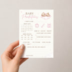 Hand holding Pink Teddy Bear Baby Shower Prediction Card showing A6 keepsake game design for baby girl celebrations.