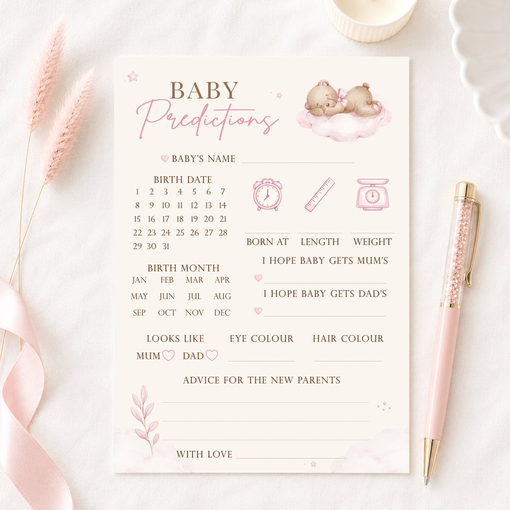 Pink Teddy Bear Baby Shower Prediction Card on cream fabric with pink ribbon and luxury pen, A6 baby girl keepsake game.