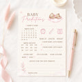 Pink Teddy Bear Baby Shower Prediction Card on cream fabric with pink ribbon and luxury pen, A6 baby girl keepsake game.