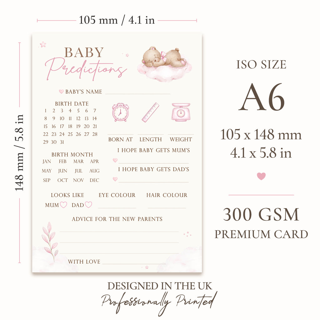 Pink Teddy Bear Baby Prediction Card size guide showing ISO A6 dimensions 105 x 148 mm printed on premium writable card.