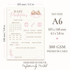 Pink Teddy Bear Baby Prediction Card size guide showing ISO A6 dimensions 105 x 148 mm printed on premium writable card.