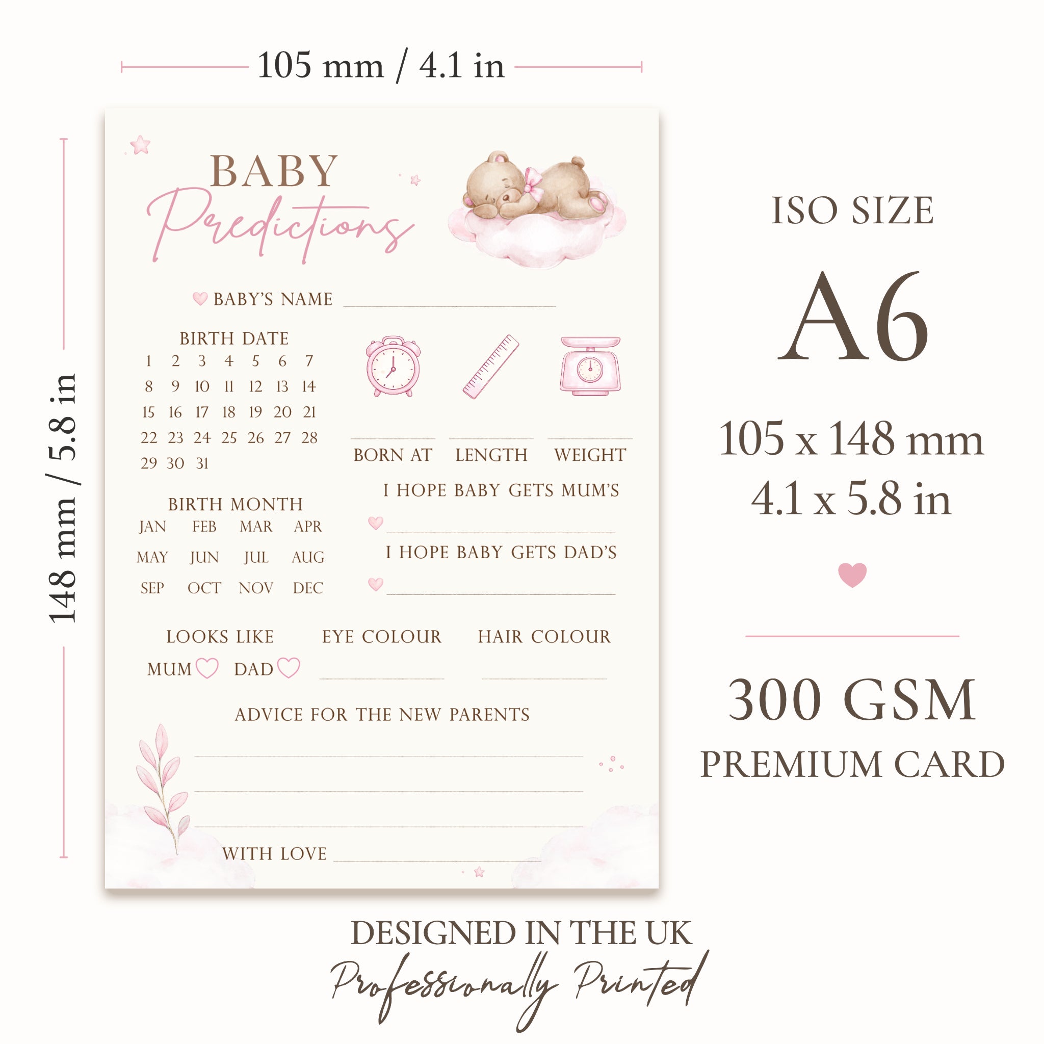Pink Teddy Bear Baby Prediction Card size guide showing ISO A6 dimensions 105 x 148 mm printed on premium writable card.