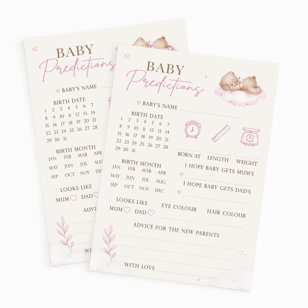 Two Pink Teddy Bear Baby Prediction Cards displaying premium A6 baby shower keepsake game printed in the UK.