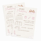 Two Pink Teddy Bear Baby Prediction Cards displaying premium A6 baby shower keepsake game printed in the UK.