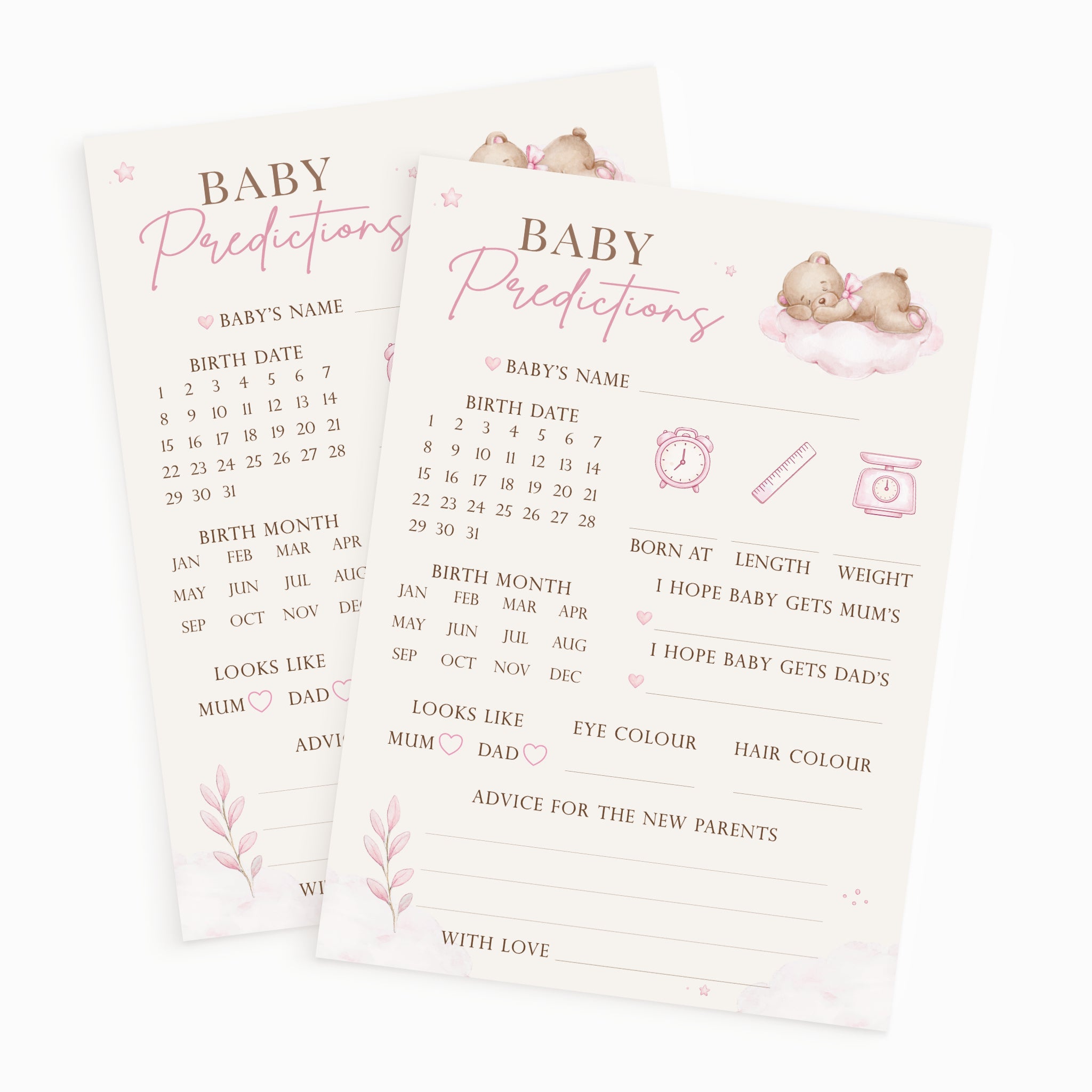 Two Pink Teddy Bear Baby Prediction Cards displaying premium A6 baby shower keepsake game printed in the UK.