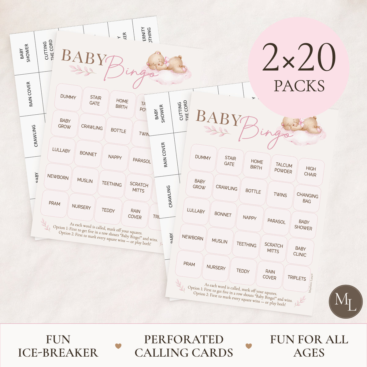Pink Teddy Bear Baby Shower Bingo Game for Girls
