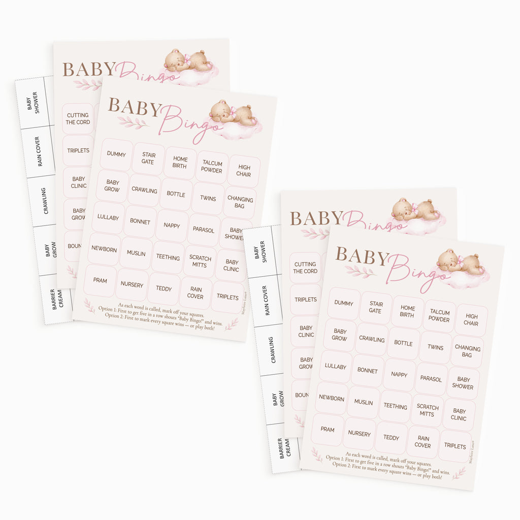 Pink Teddy Bear Baby Shower Bingo Game for Girls