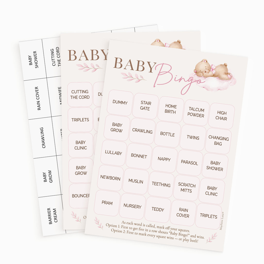 Pink Teddy Bear Baby Shower Bingo Game for Girls