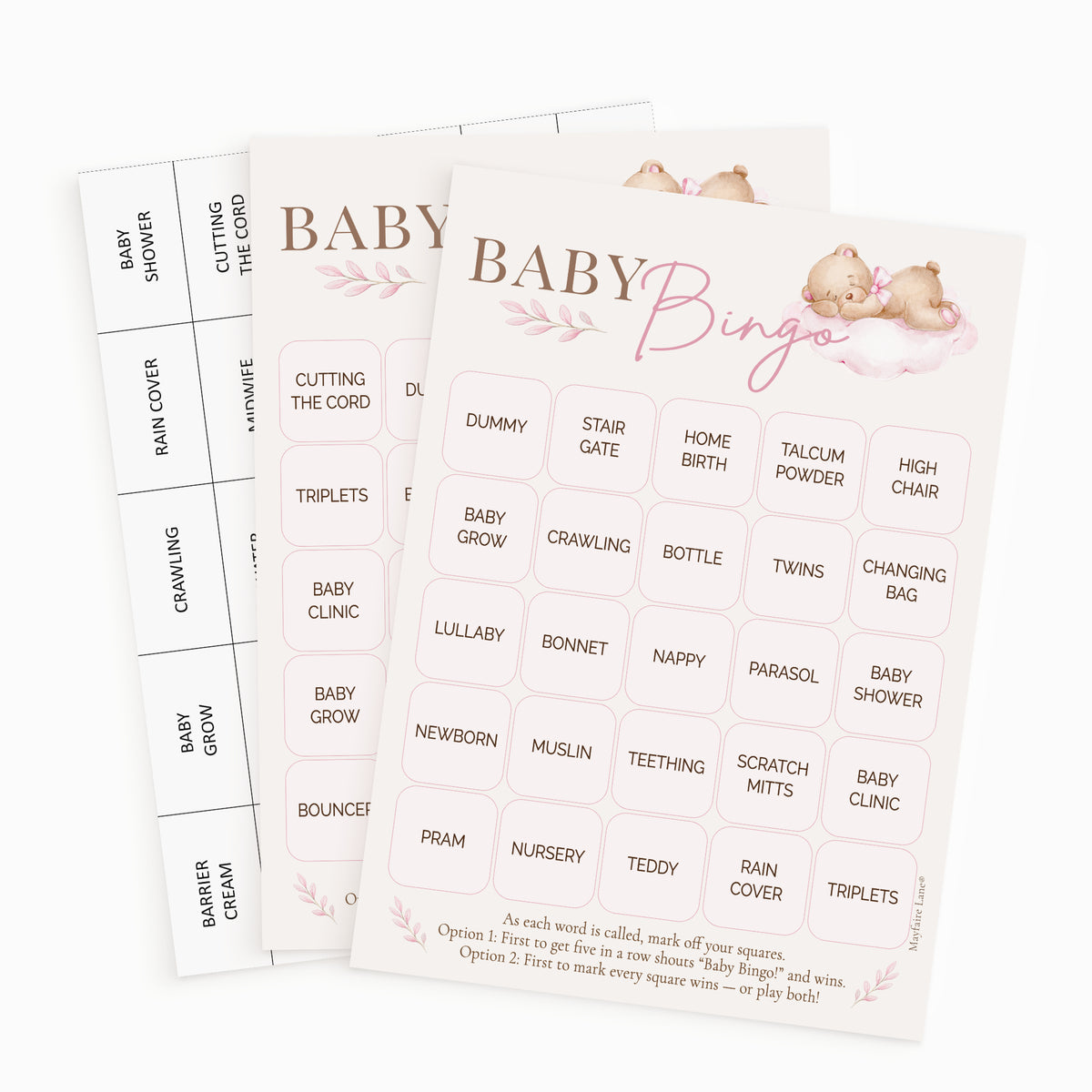 Pink Teddy Bear Baby Shower Bingo Game for Girls