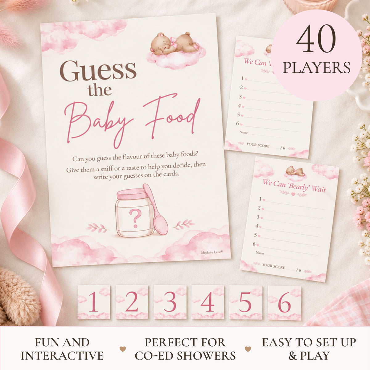 40 player pack of Pink teddy bear Guess the Baby Food game set with A4 sign, A6 scorecards and six numbered jar stickers on a decorated table with a teddy and pink gingham blanket