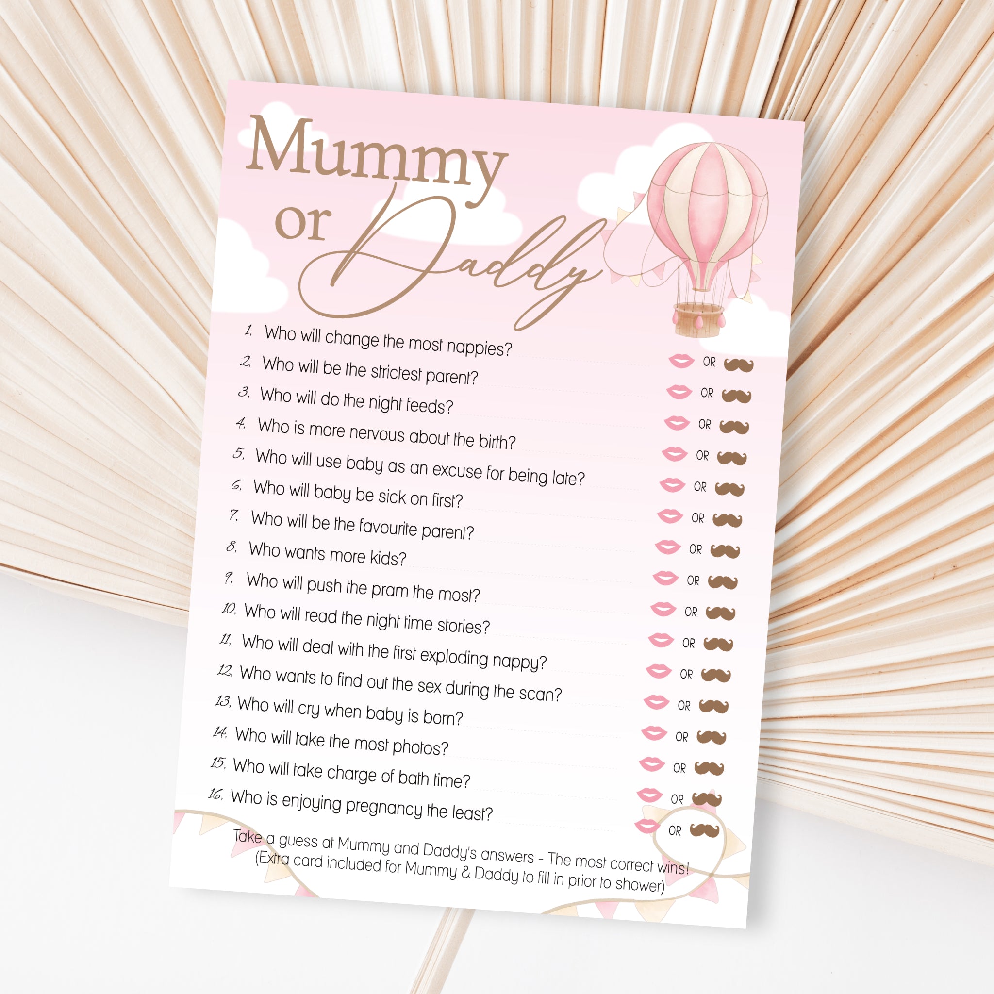 Baby Shower Game Mummy or Daddy in Up, Up and Away Pink Theme