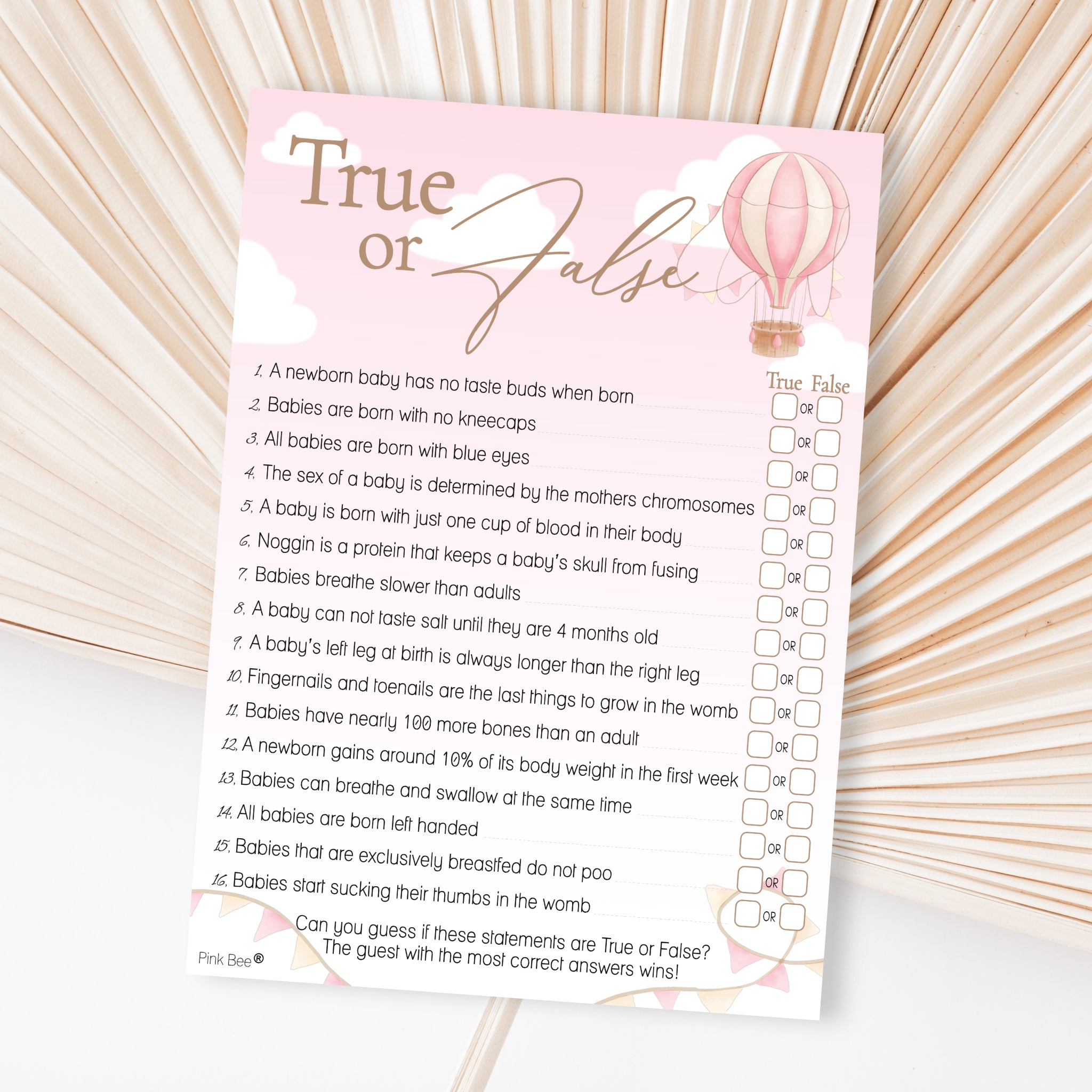 Baby Shower Game True or False in Up, Up and Away Pink Theme