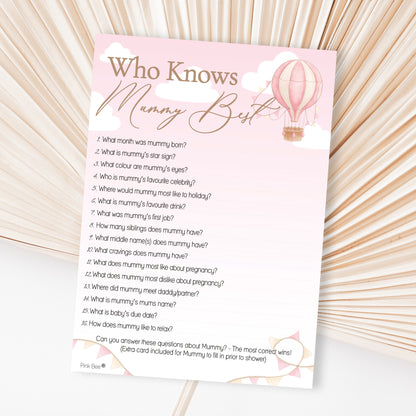 Baby Shower Game Who Knows Mummy Best in Pink Up and Away Theme