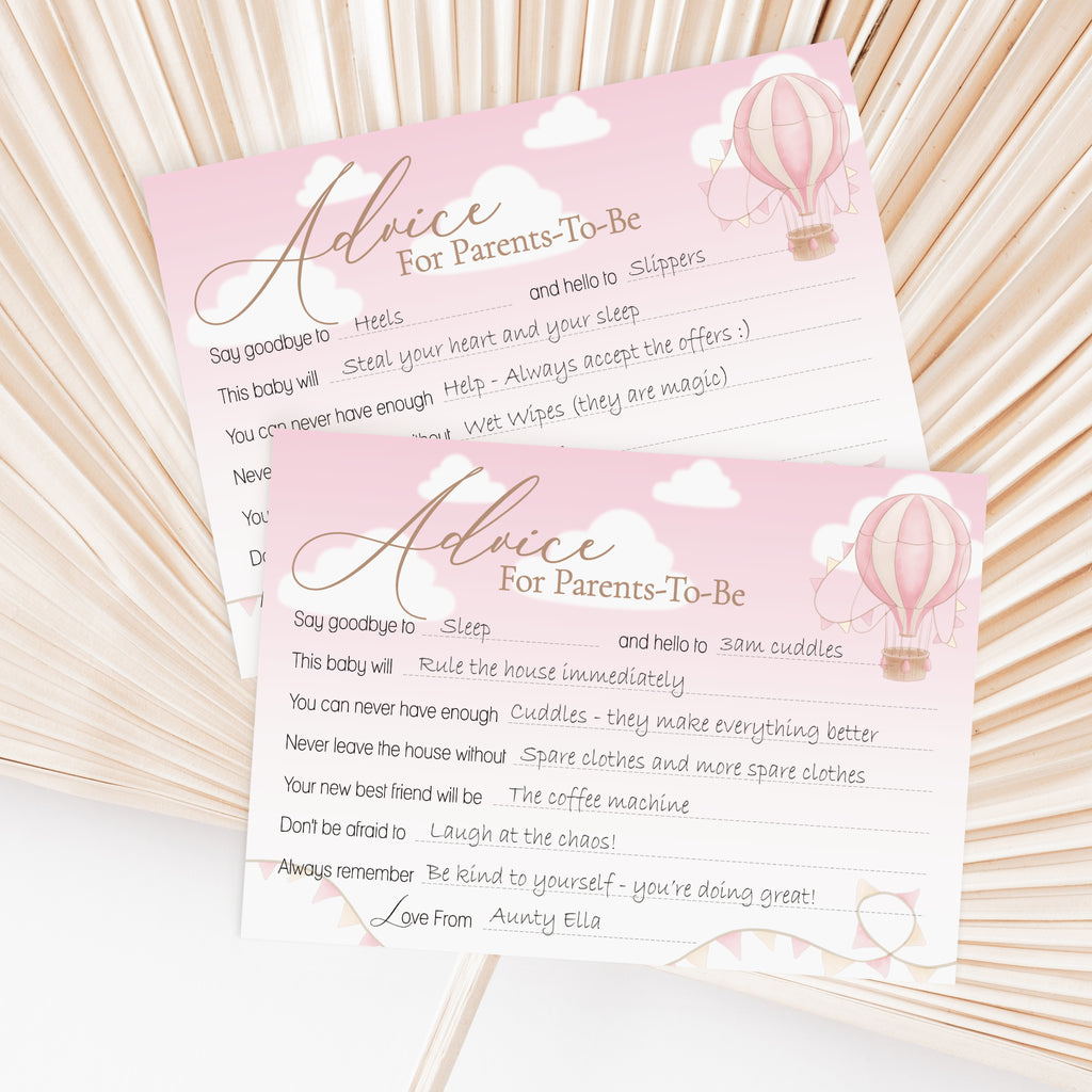 Pink Up & Away Hot Air Balloon Advice Cards – Baby Shower Keepsake for Parents-To-Be
