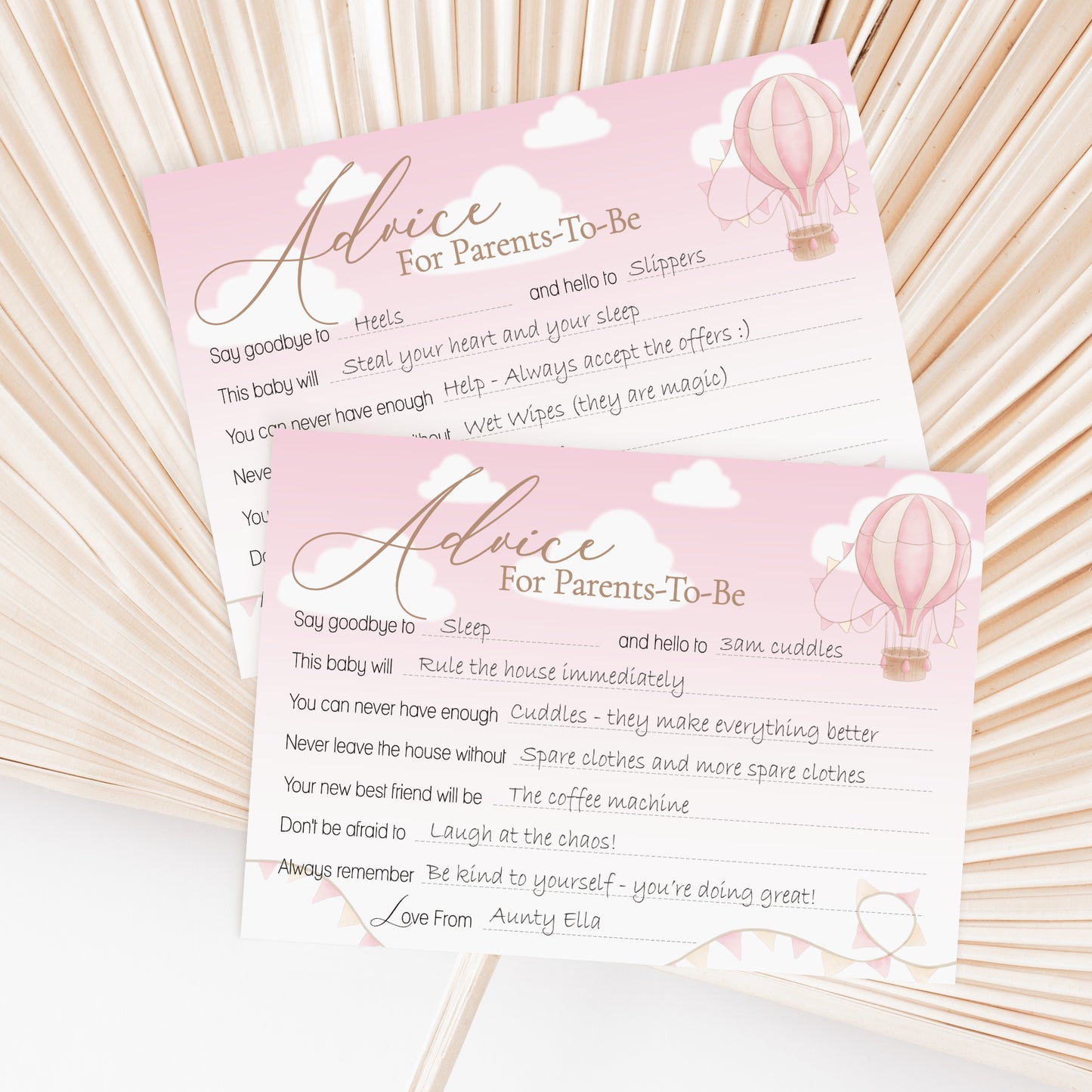 Pink Up & Away Hot Air Balloon Advice Cards – Baby Shower Keepsake for Parents-To-Be