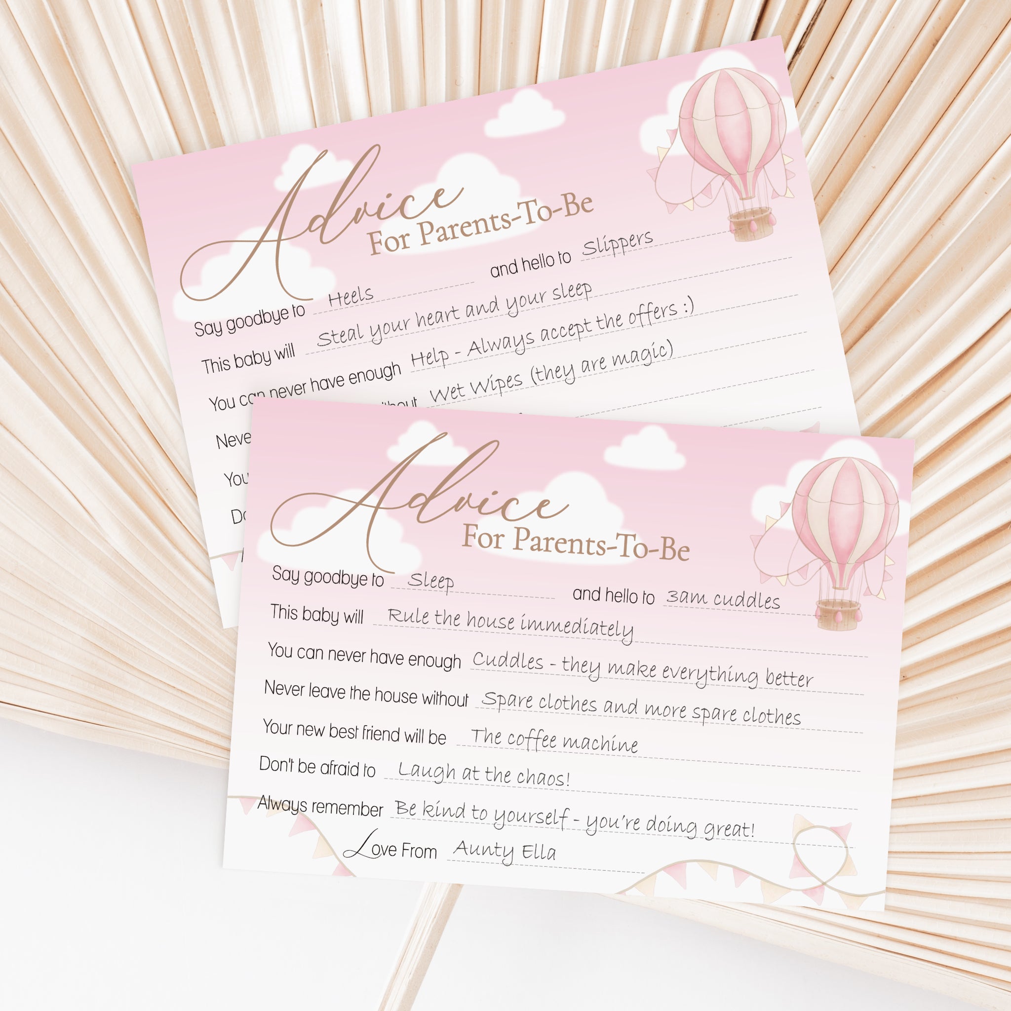 Pink Up & Away Hot Air Balloon Advice Cards – Baby Shower Keepsake for Parents-To-Be