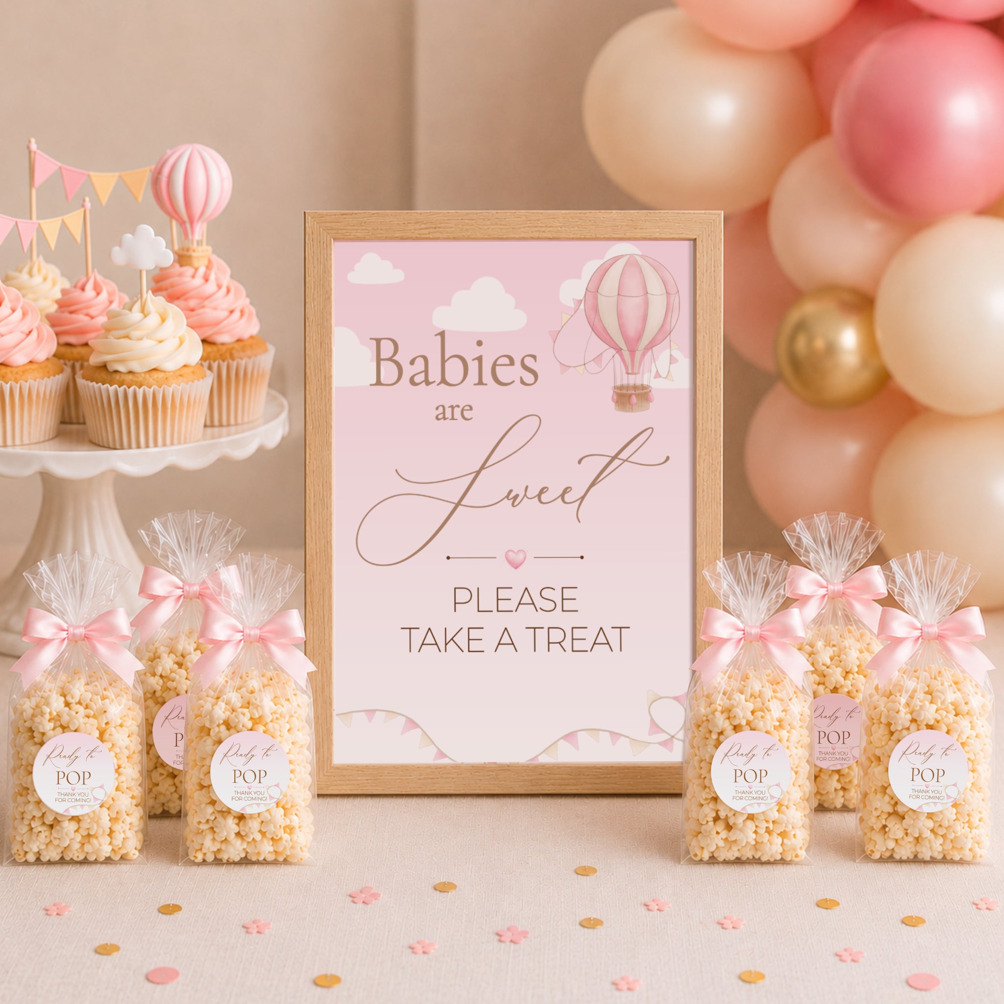Babies are Sweet Please Take a Treat baby shower sign with Ready to POP stickers on pink ribbon popcorn favours