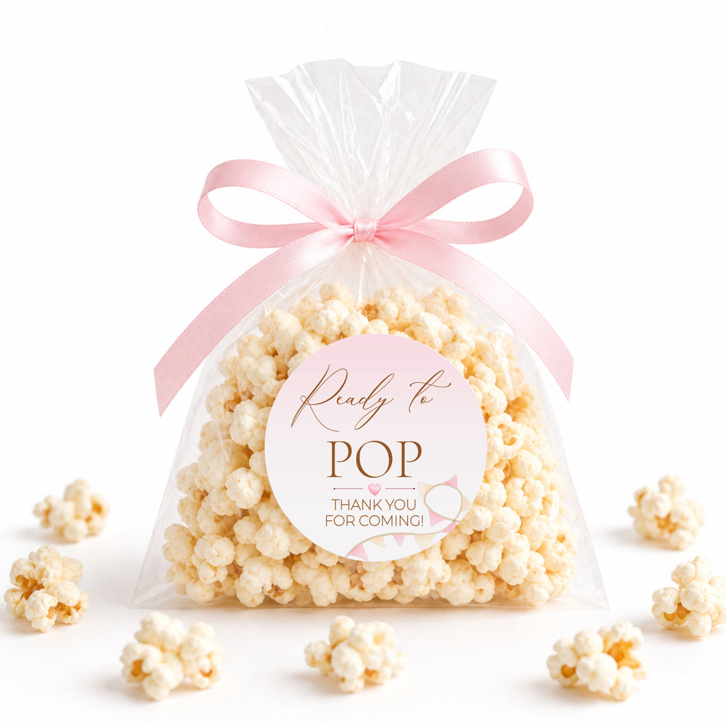 Popcorn baby shower favour bag with pink Ready to POP Thank You for Coming sticker and ribbon bow