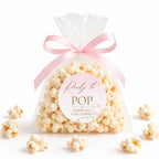 Popcorn baby shower favour bag with pink Ready to POP Thank You for Coming sticker and ribbon bow