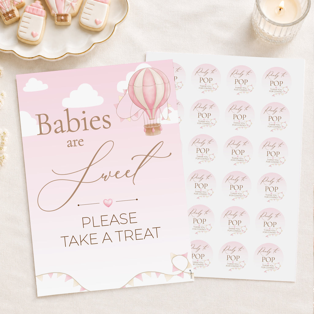 Pink Babies are Sweet Please Take a Treat baby shower sign with Ready to POP favour sticker sheet