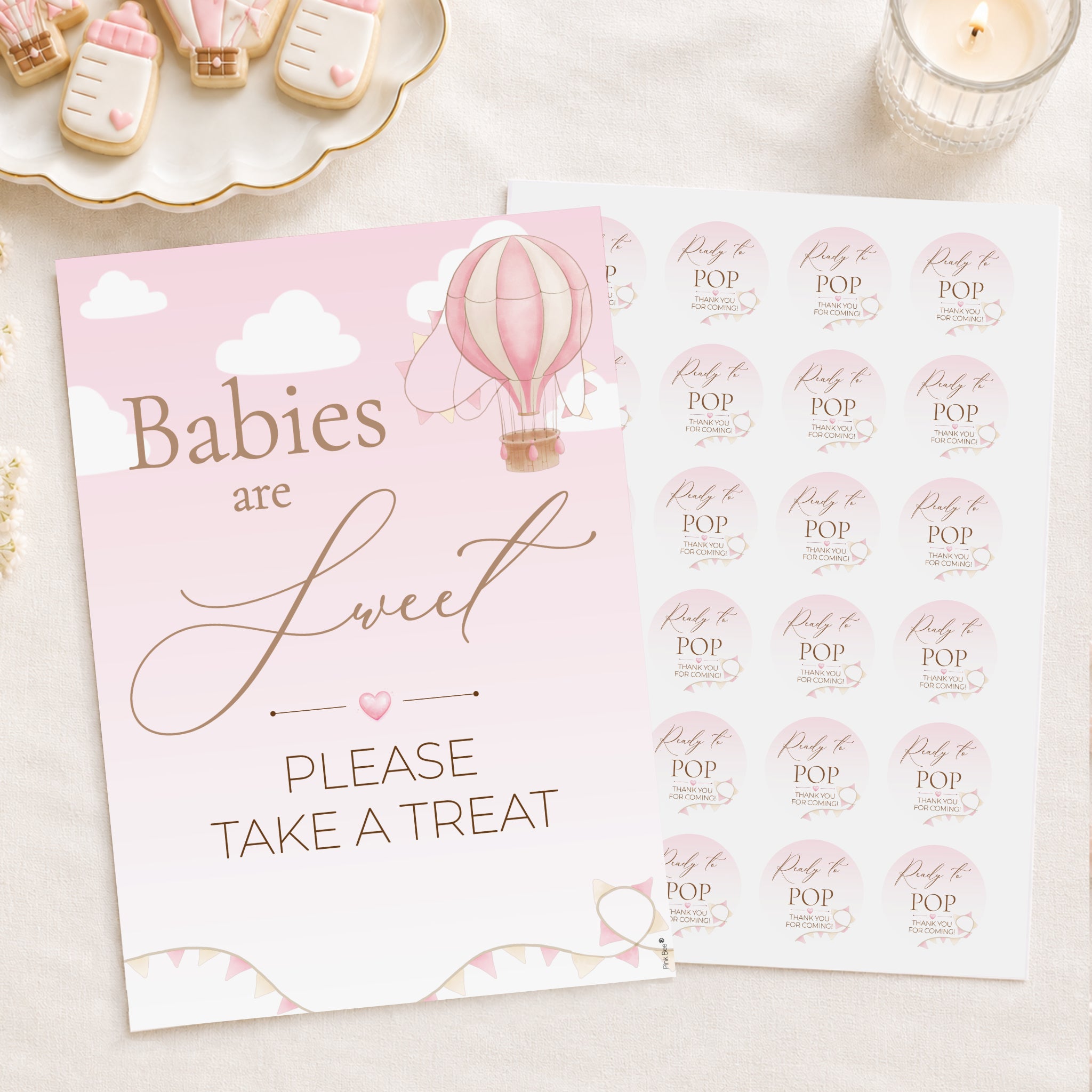 Pink Babies are Sweet Please Take a Treat baby shower sign with Ready to POP favour sticker sheet