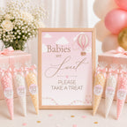 Up & Away pink baby shower favour sign with thank you stickers on sweet cone guest favours