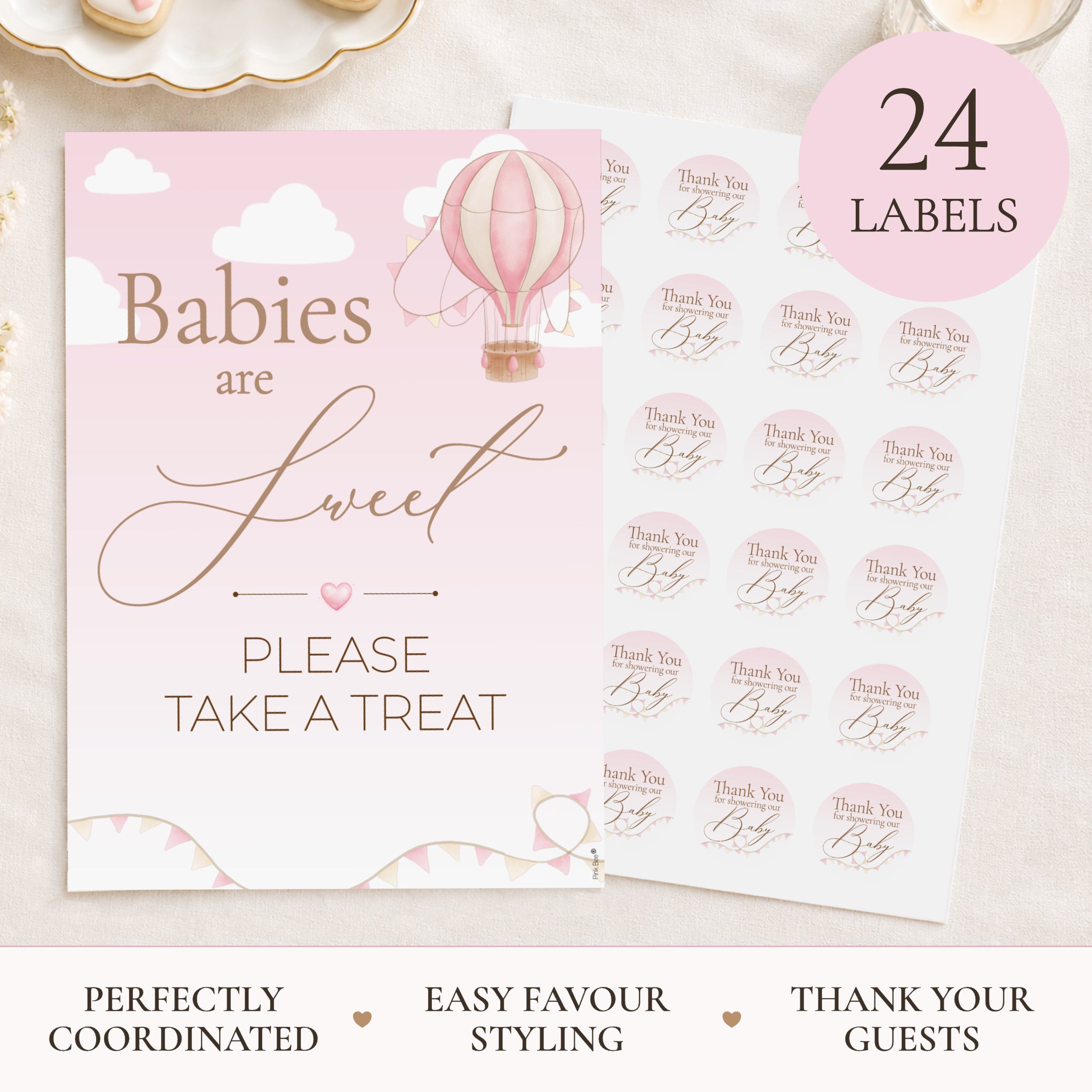 Pink baby shower favour sign and 24 37mm Thank You for Showering Our Baby stickers
