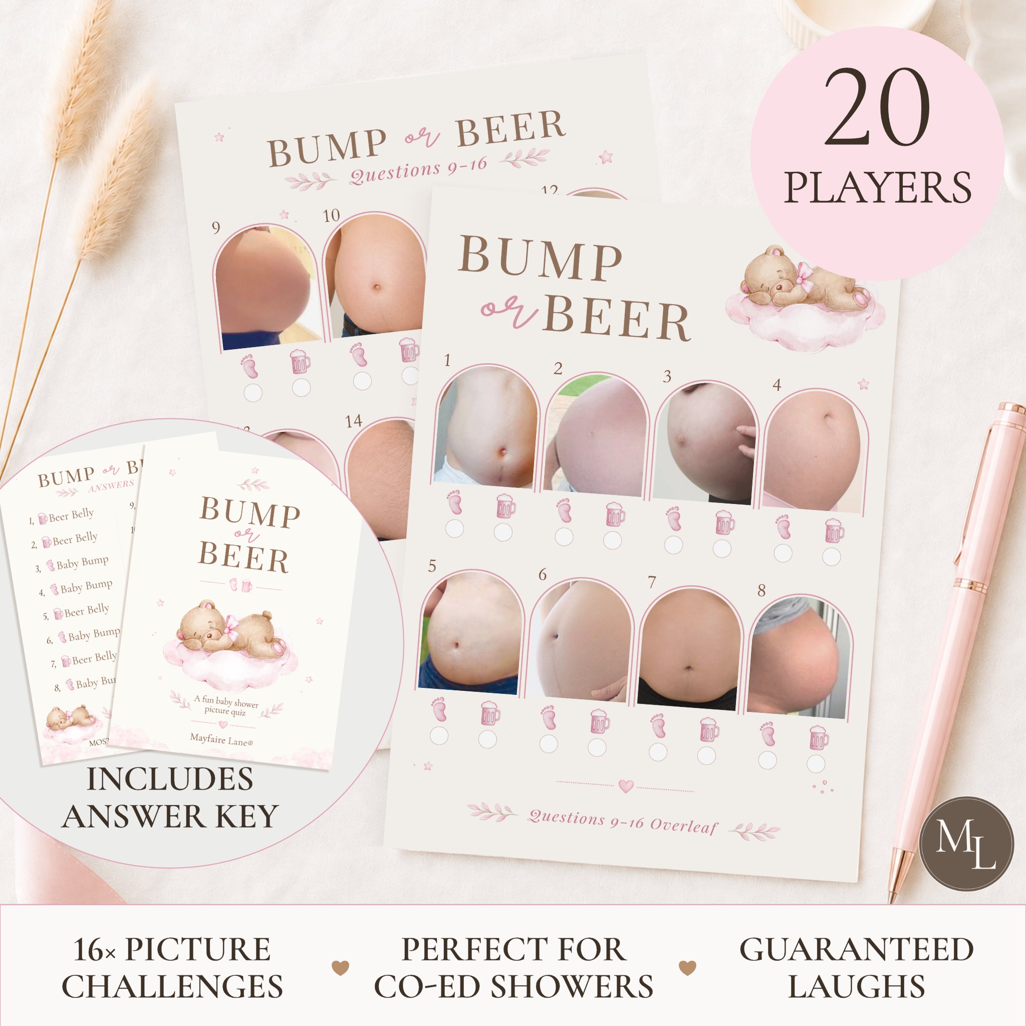 Pink Teddy Bear Baby Shower Bump or Beer Picture Quiz Game