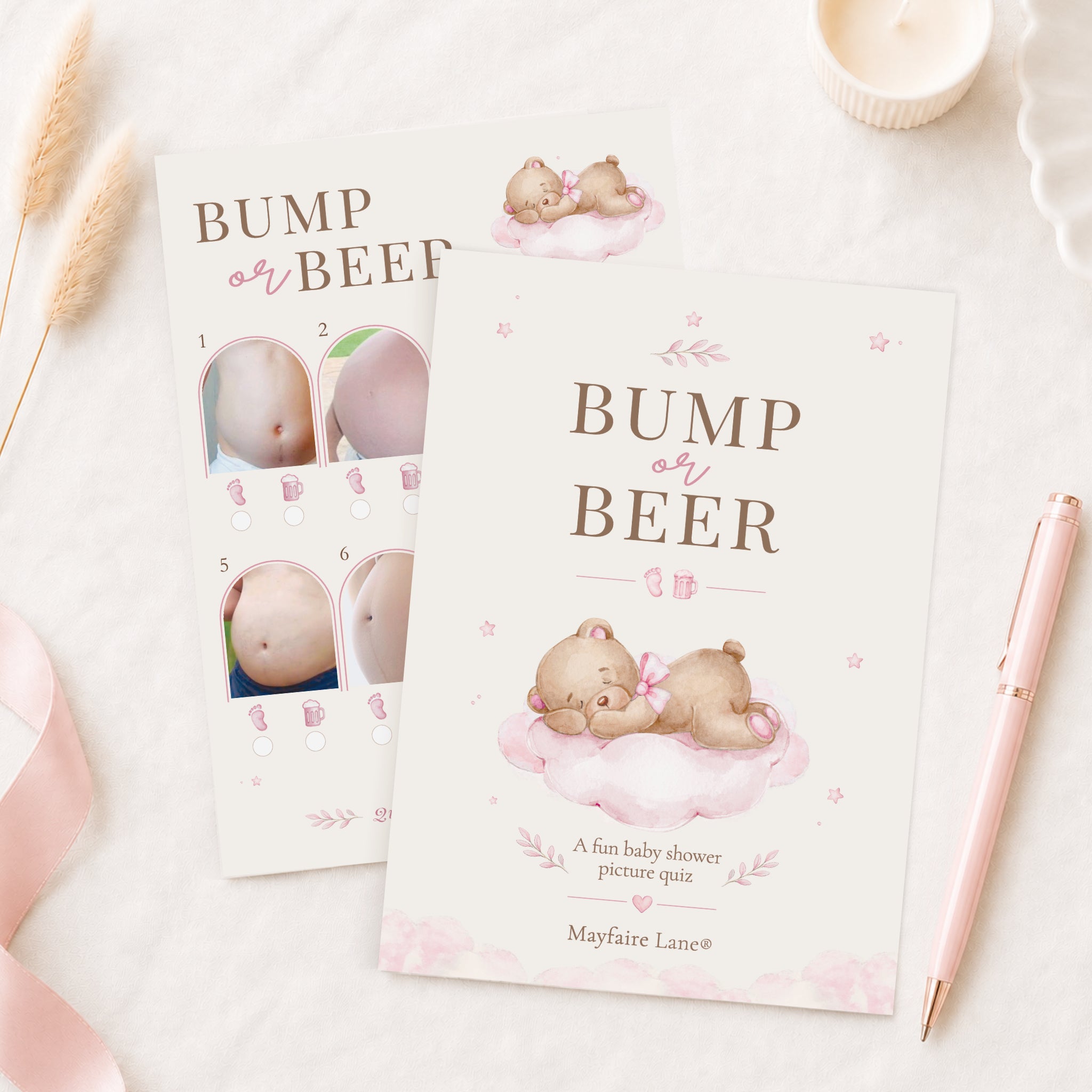 Pink Teddy Bear Baby Shower Bump or Beer Picture Quiz Game