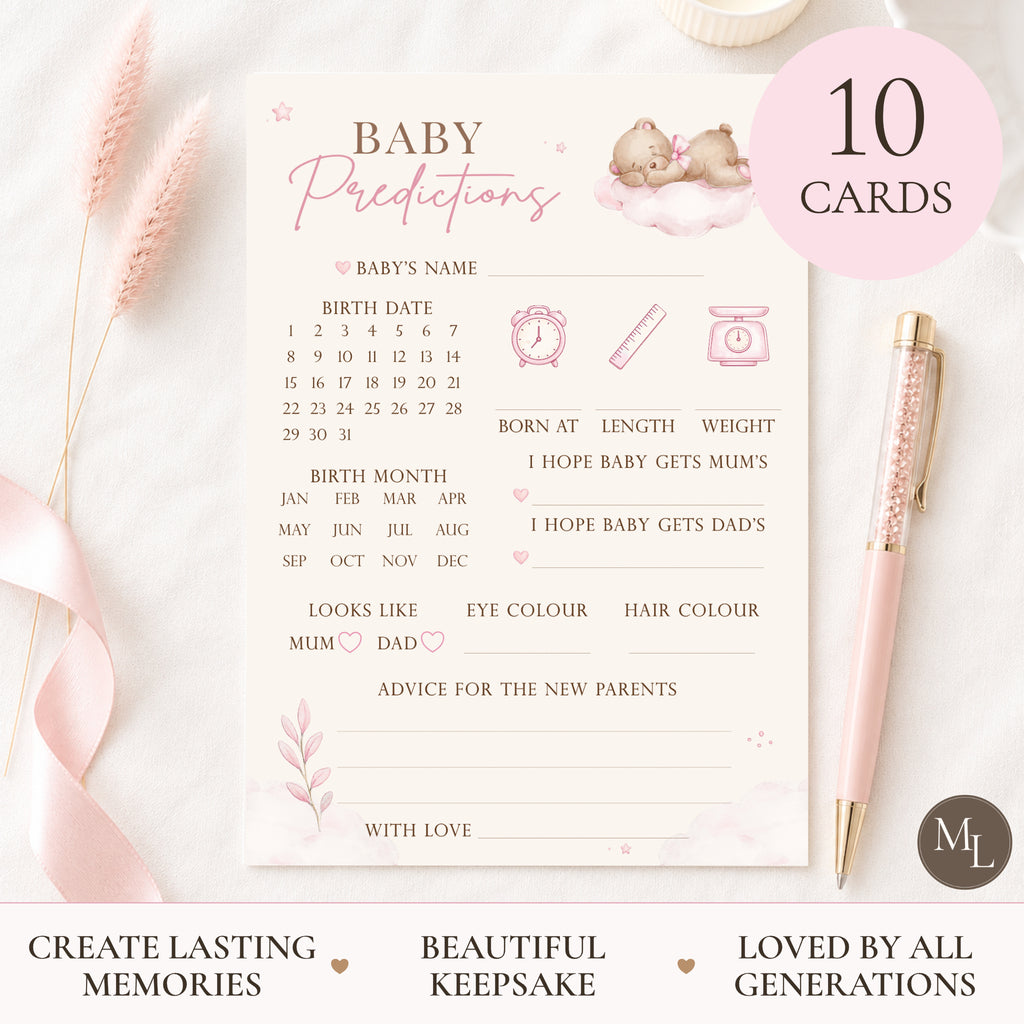 Pink Teddy Bear Baby Shower Baby Predictions Keepsake Cards A6