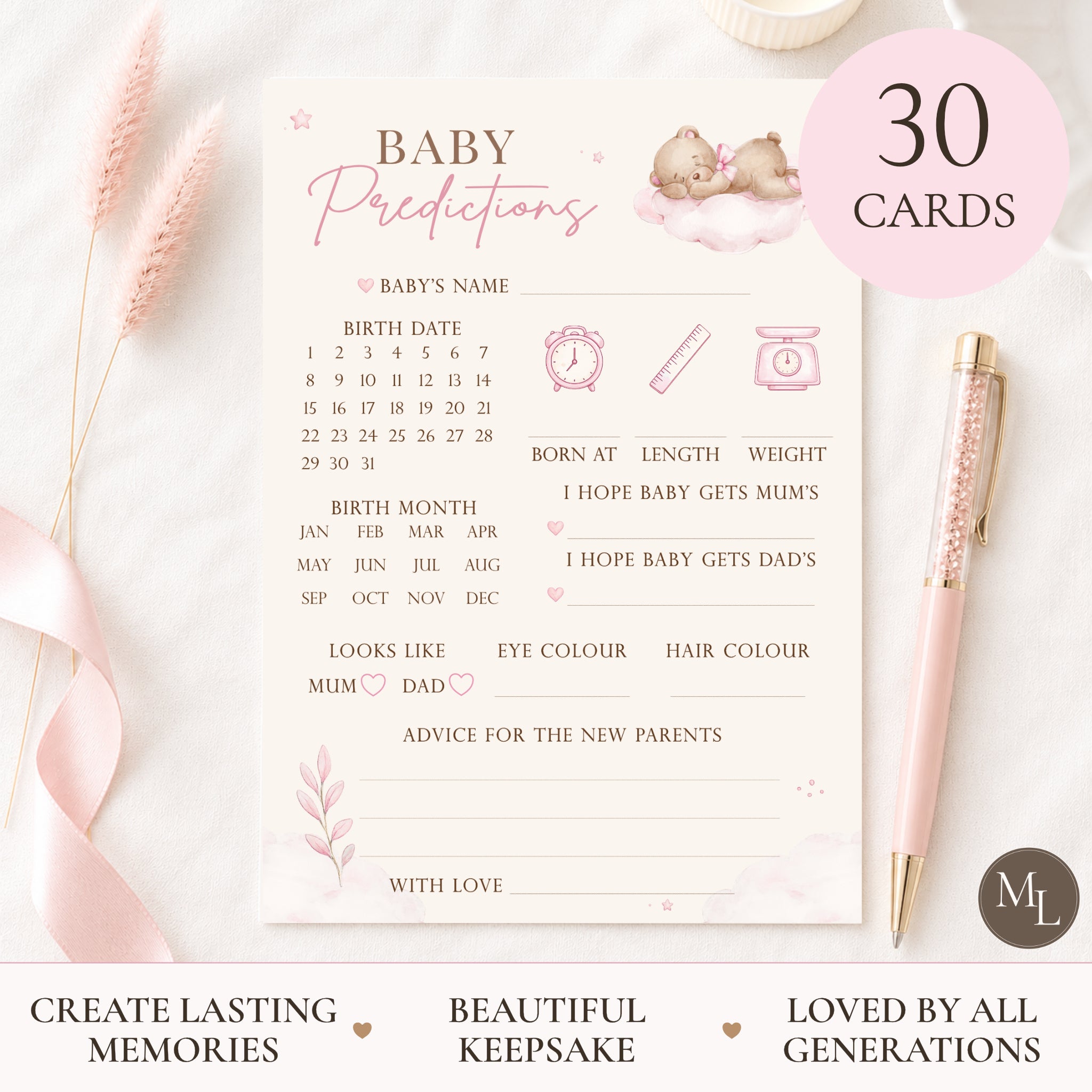 Pink Teddy Bear Baby Shower Baby Predictions Keepsake Cards A6