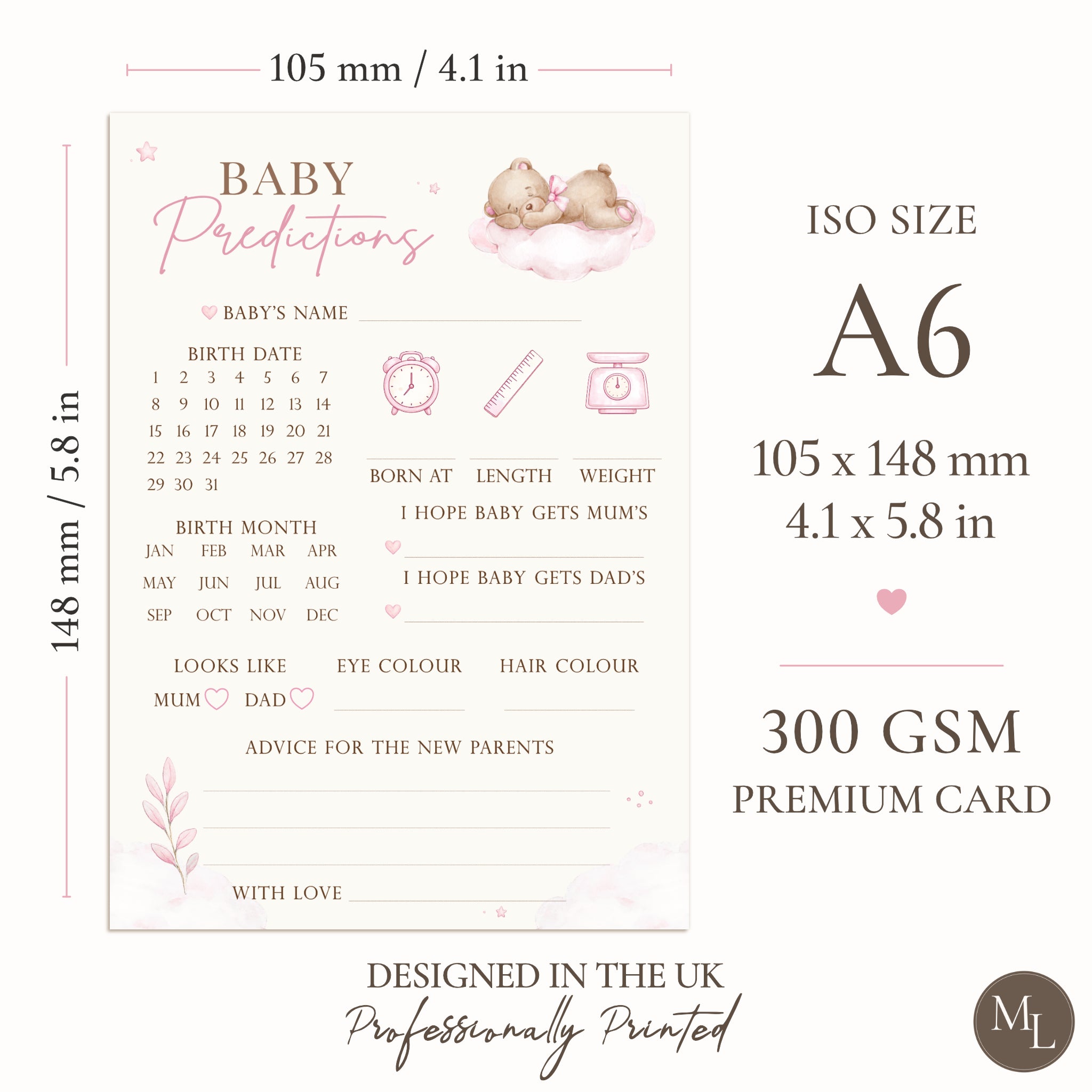 Pink Teddy Bear Baby Shower Baby Predictions Keepsake Cards A6