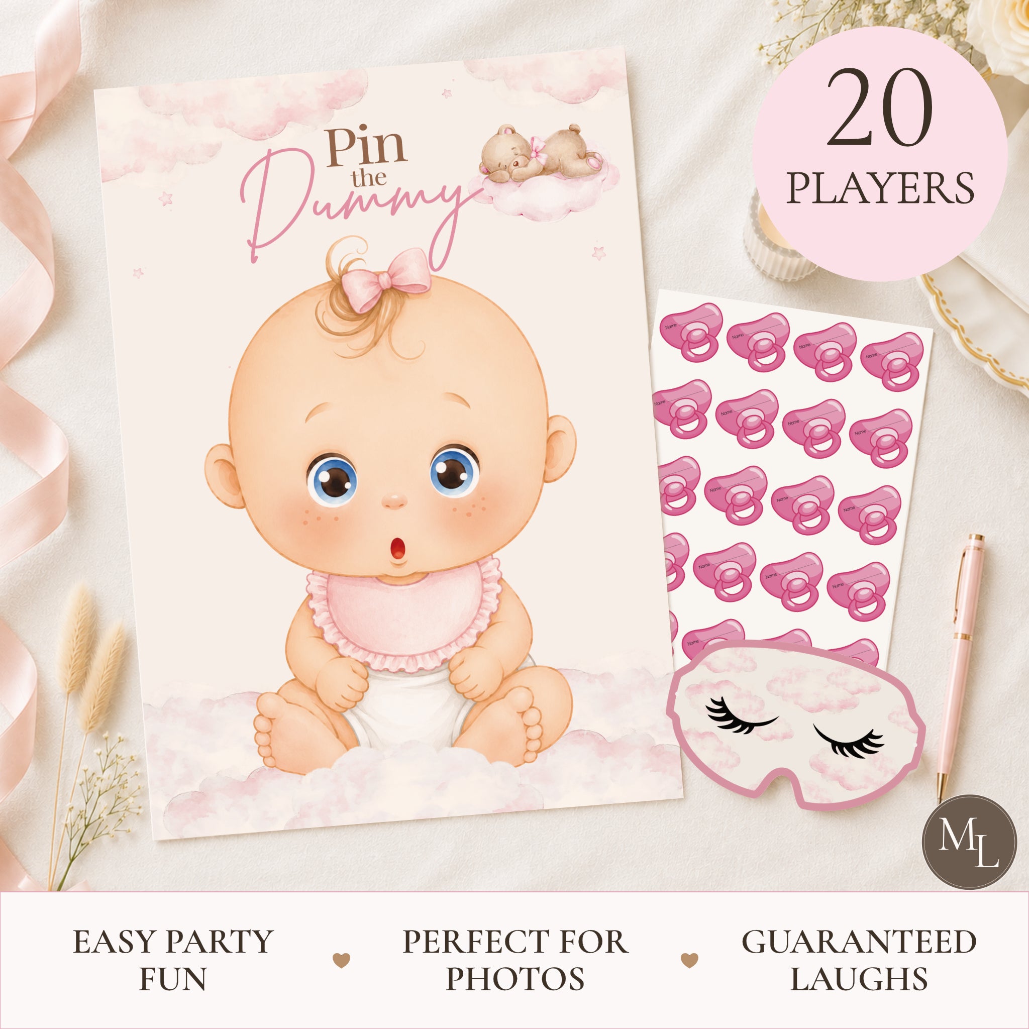 Pink Teddy Bear Pin the Dummy Baby Shower Game with Blindfold