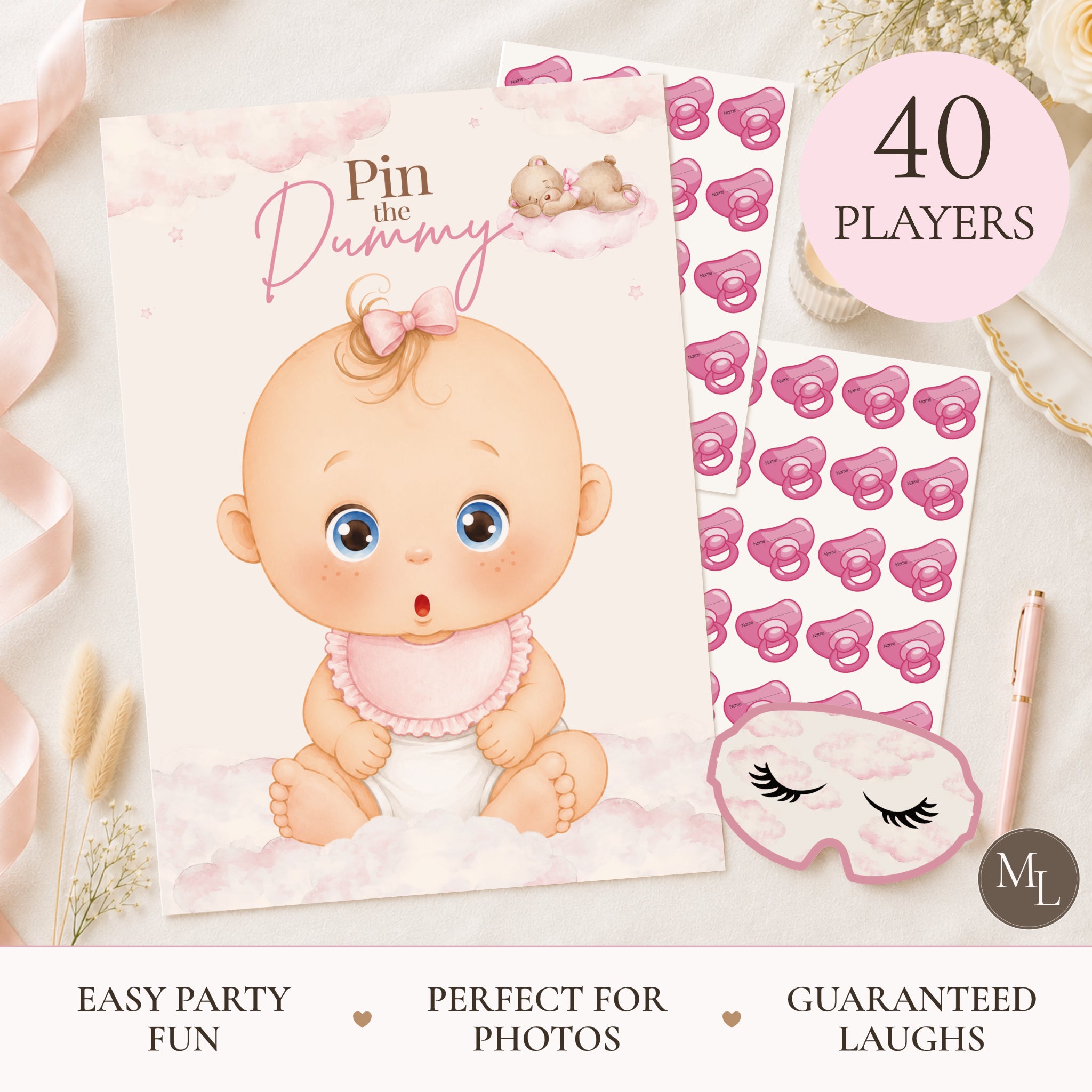 Pink Teddy Bear Pin the Dummy Baby Shower Game with Blindfold