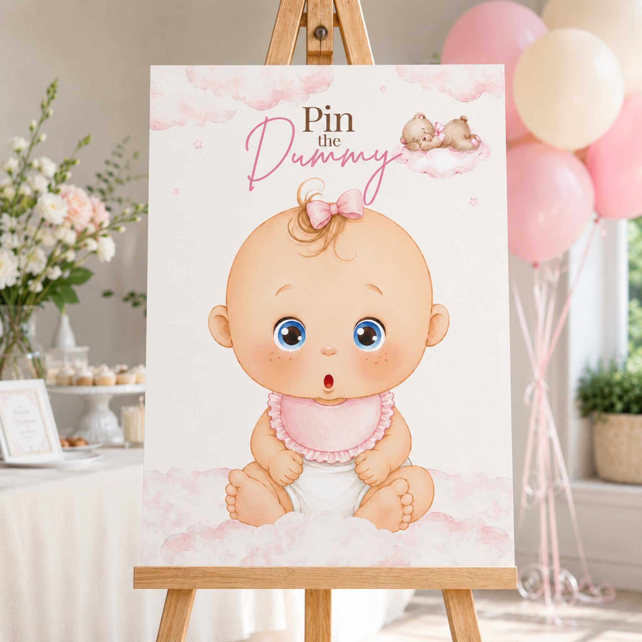 Pink Teddy Bear Pin the Dummy Baby Shower Game with Blindfold