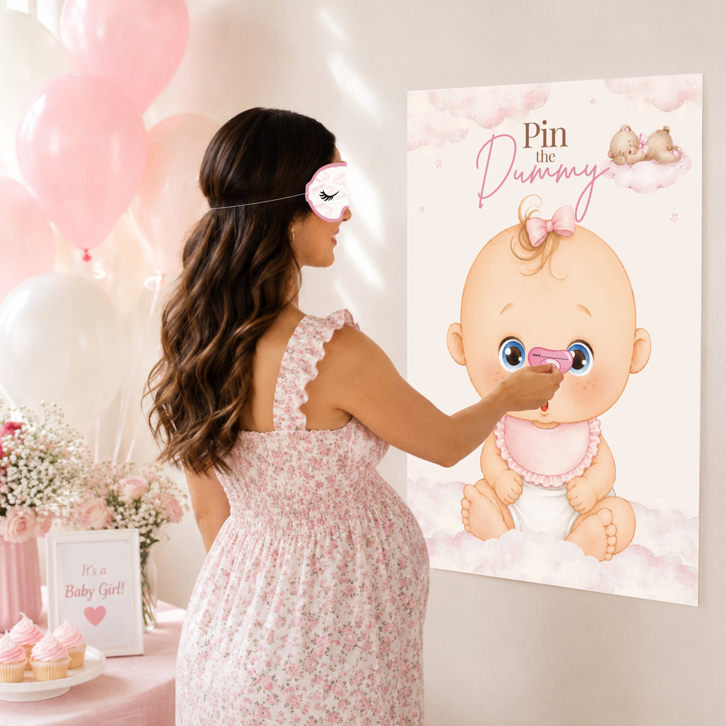 Pink Teddy Bear Pin the Dummy Baby Shower Game with Blindfold