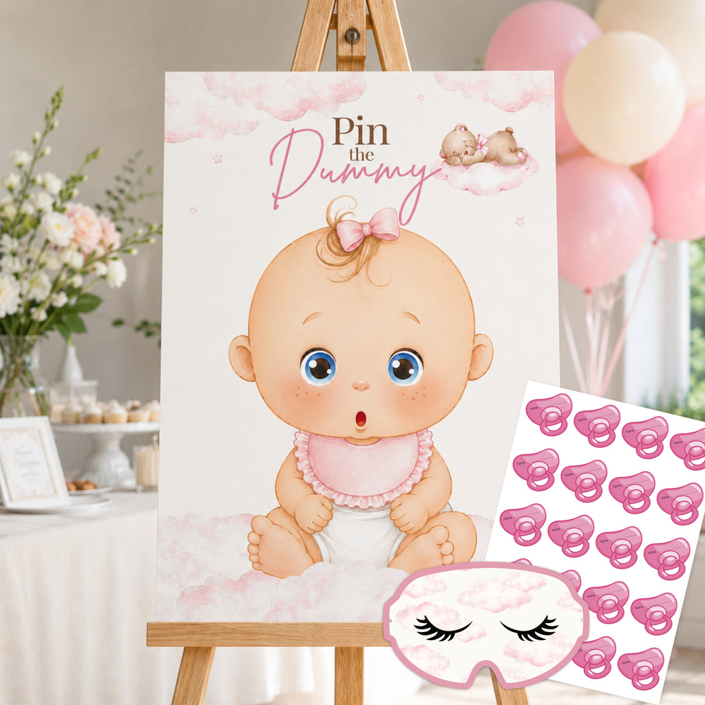 Pink Teddy Bear Pin the Dummy Baby Shower Game with Blindfold