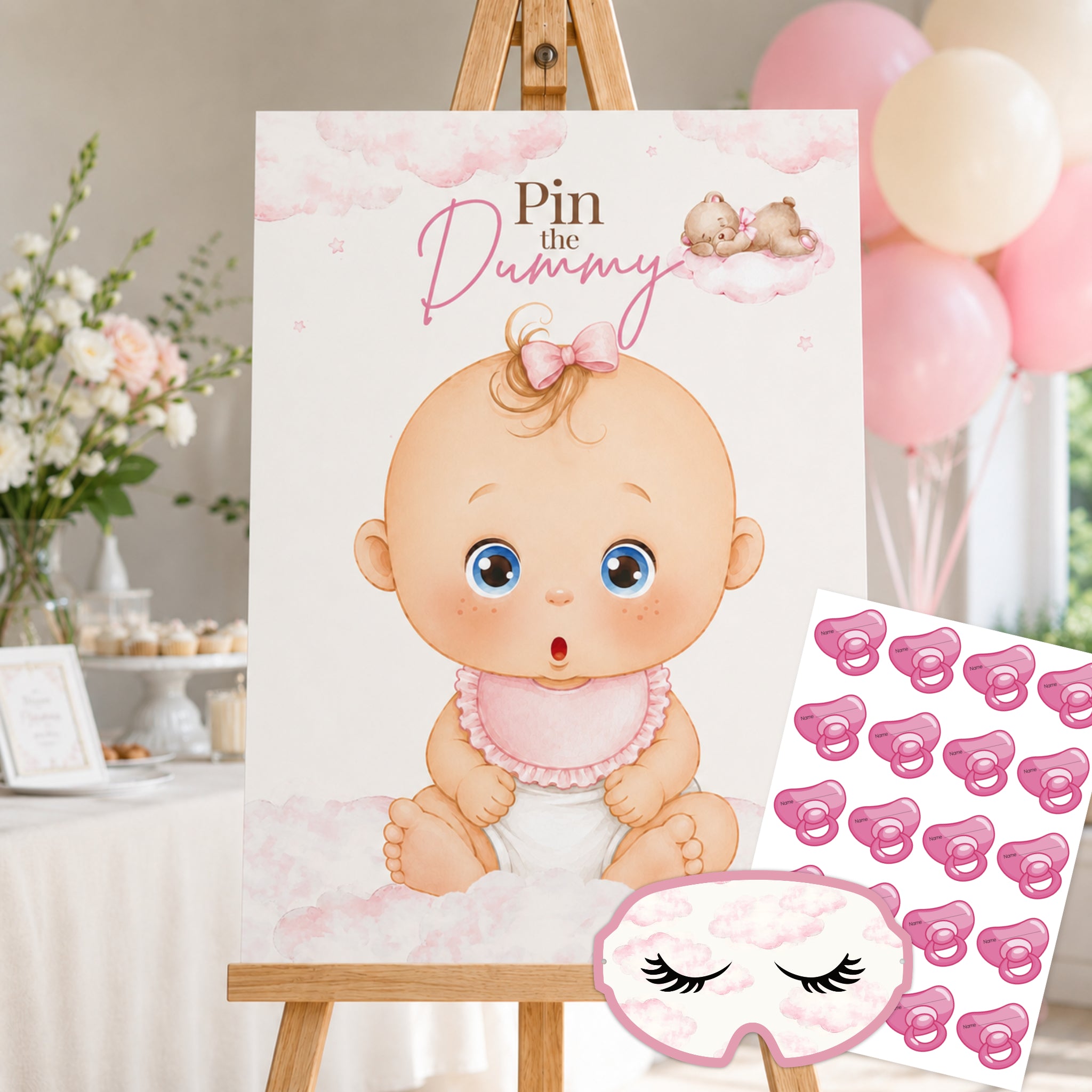 Pink Teddy Bear Pin the Dummy Baby Shower Game with Blindfold