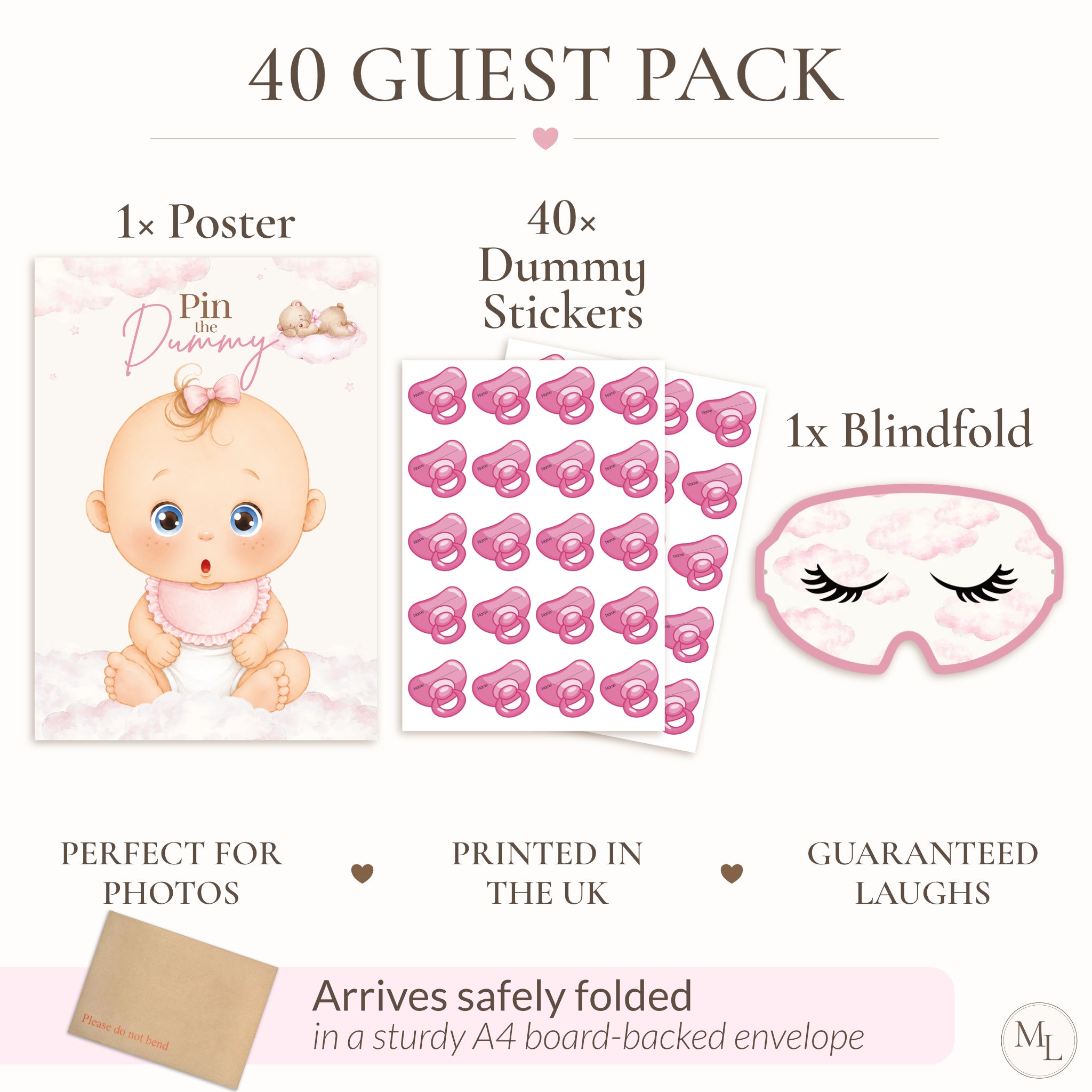 Pink Teddy Bear Pin the Dummy Baby Shower Game with Blindfold