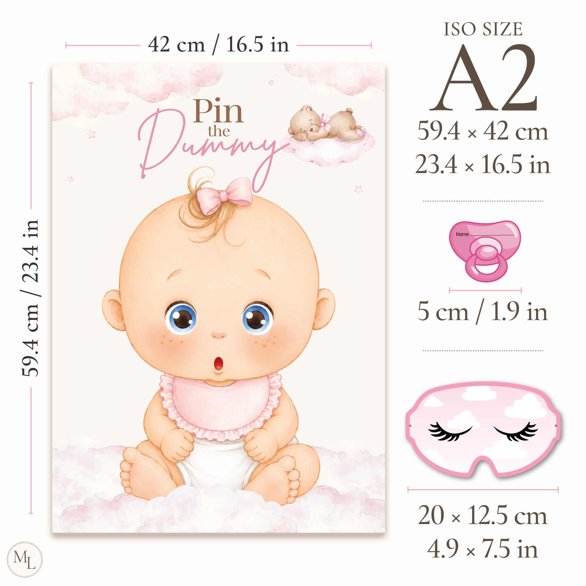 Pink Teddy Bear Pin the Dummy Baby Shower Game with Blindfold
