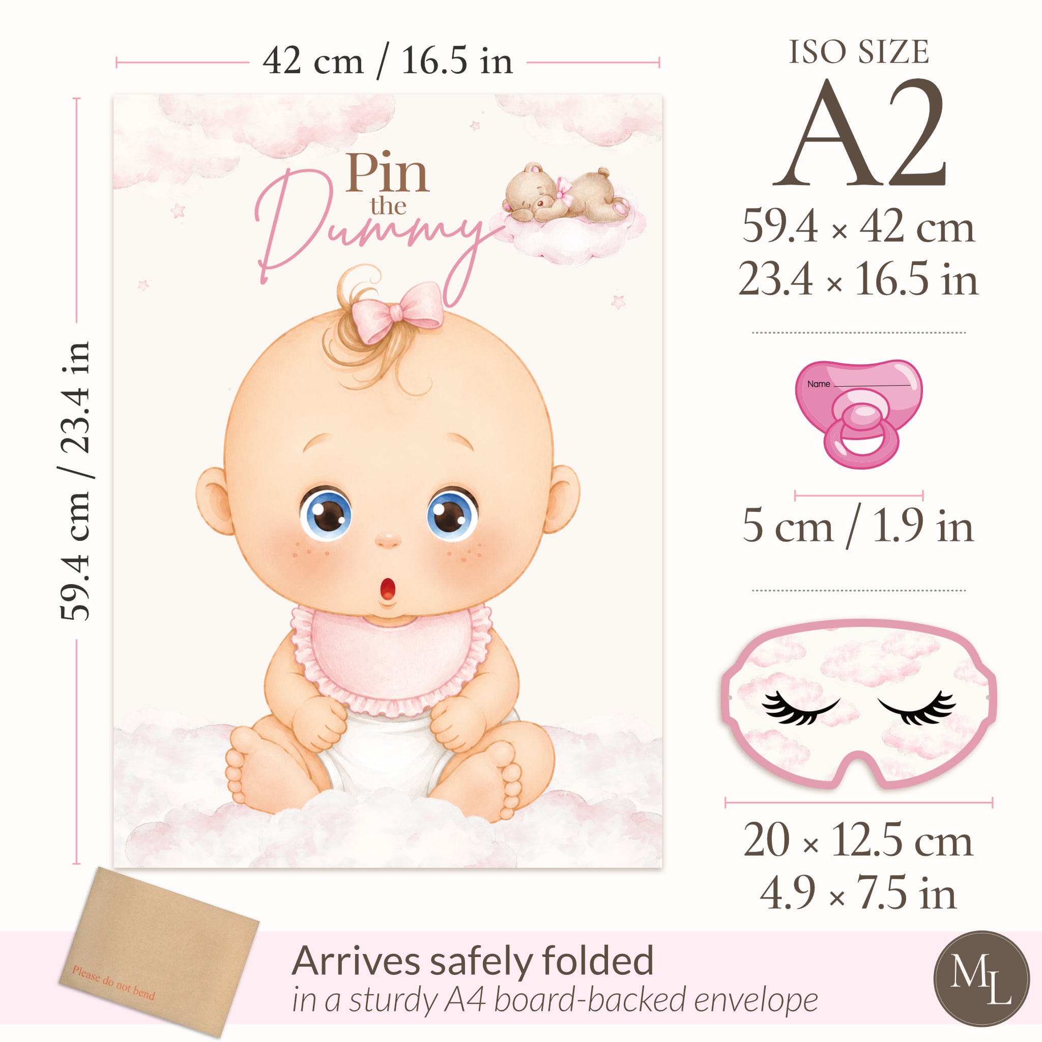 Pink Teddy Bear Pin the Dummy Baby Shower Game with Blindfold
