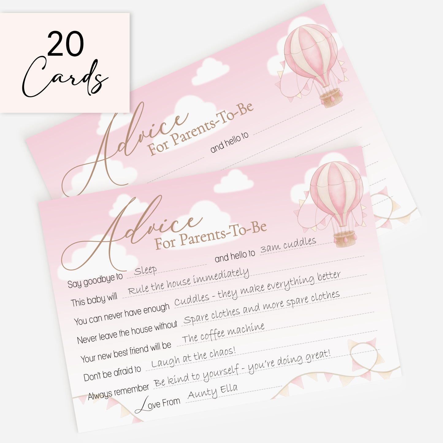 Pink Up & Away Hot Air Balloon Advice Cards – Baby Shower Keepsake for Parents-To-Be