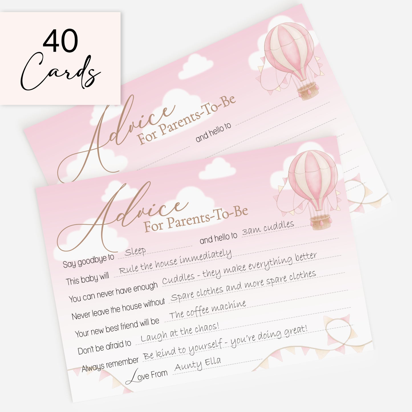 Pink Up & Away Hot Air Balloon Advice Cards – Baby Shower Keepsake for Parents-To-Be