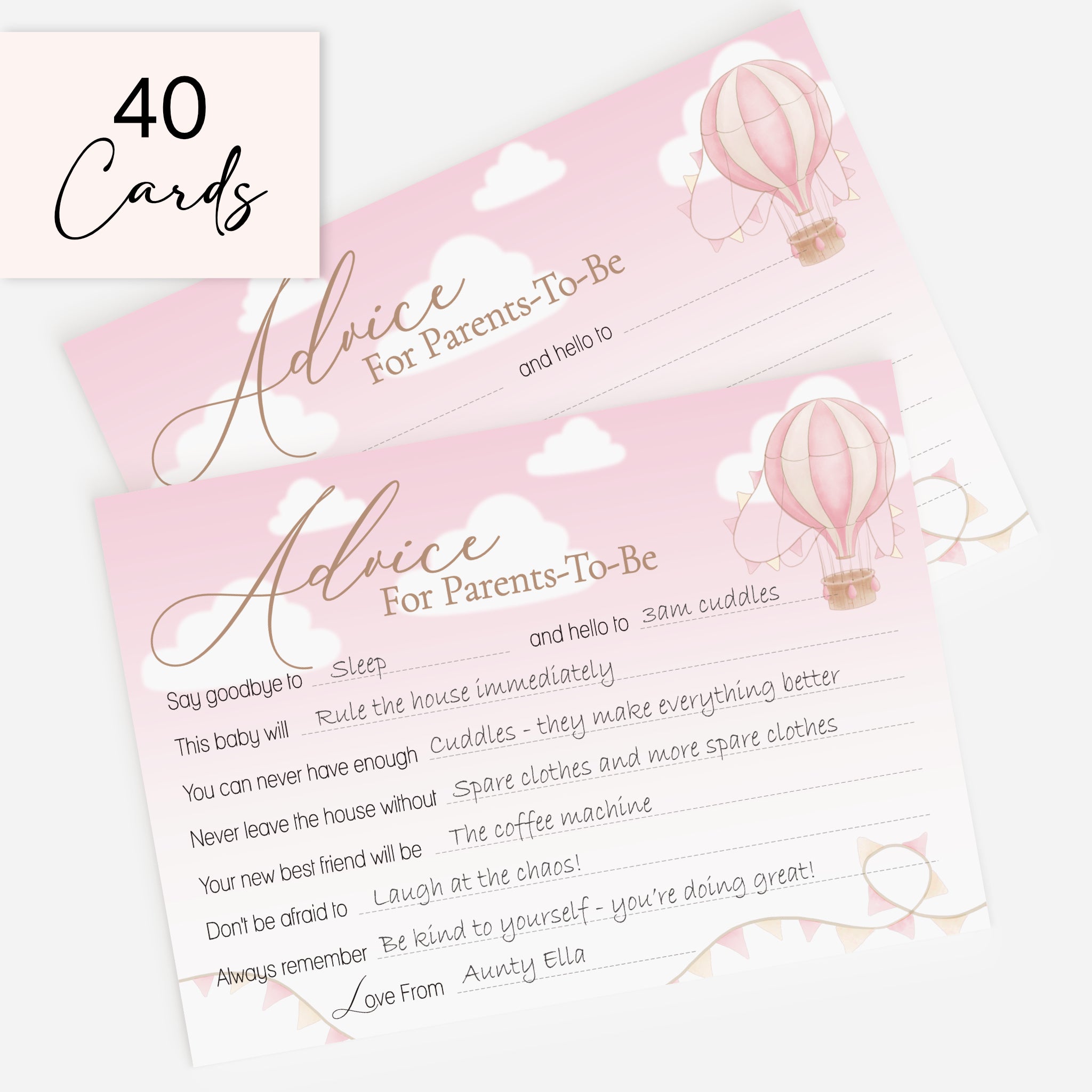 Pink Up & Away Hot Air Balloon Advice Cards – Baby Shower Keepsake for Parents-To-Be