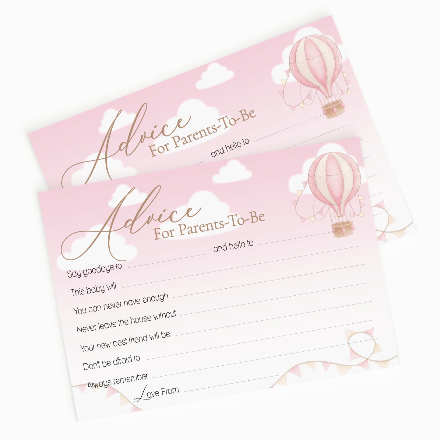 Pink Up & Away Hot Air Balloon Advice Cards – Baby Shower Keepsake for Parents-To-Be